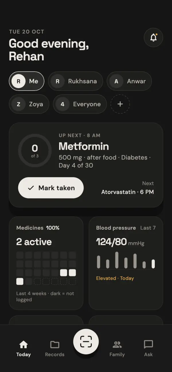 The Today screen: the next dose, Metformin 500 mg at 8 AM, with medicine and blood-pressure tiles for the family